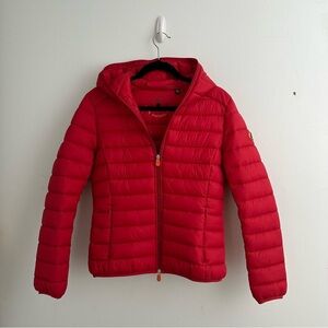 Save The Duck bright red full zip hooded puffer jacket